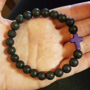 NWOT Black Lava Rock Purple Beaded Cross Bracelet